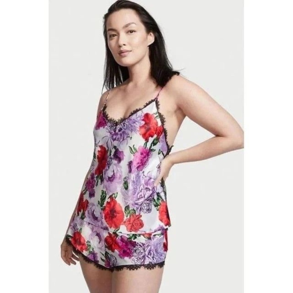 Victoria's Secret White Rose Floral Stretch Satin Lace Back Cami Set *NWT*